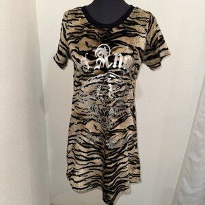 Ed Hardy Vintage faux Fur Tiger Dress Brown Size L Short Sleeve
